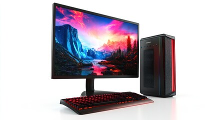 A desktop gaming setup comprising a monitor displaying a vibrant landscape wallpaper, backlit keyboard, and a tower PC case with a red accent design.