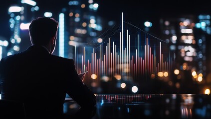 A businessman analyzes digital data trends against a city skyline, showcasing modern analytics and technology.