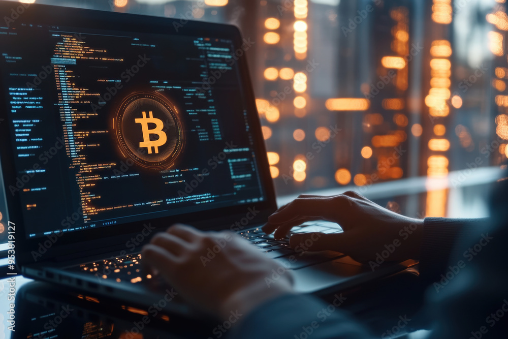 Poster programmer working on developing blockchain cryptocurrency technology on a laptop computer