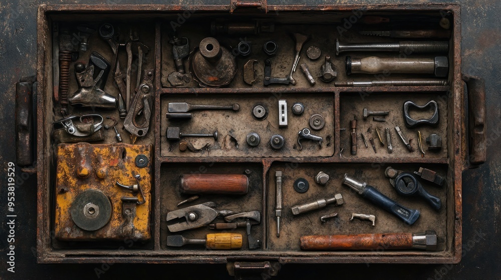 Wall mural An Assortment of Rusty Tools and Hardware in a Worn Wooden Box