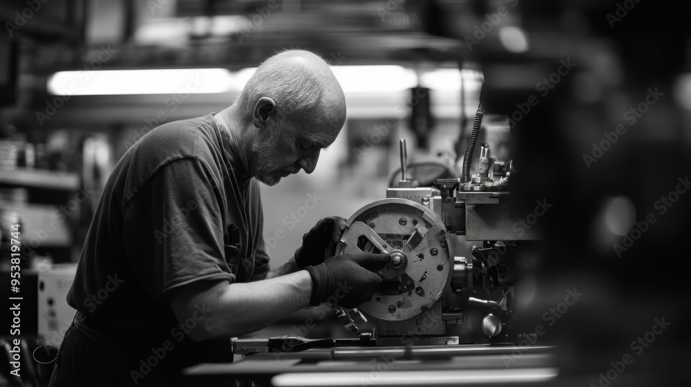 Poster A Man Operating a Machine in a Factory Setting