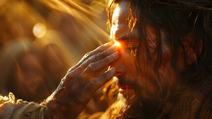 Jesus gently touching the blind man’s eyes, a bright, glowing light radiating from His hands, illuminating the scene with a divine aura, the background a soft, ethereal glow,