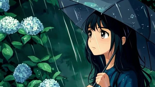 A girl holding an umbrella stands under the rain