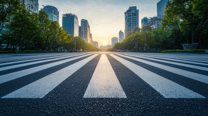 Fototapeta premium An empty zebra crossing with a quiet, early morning city scene in the background.