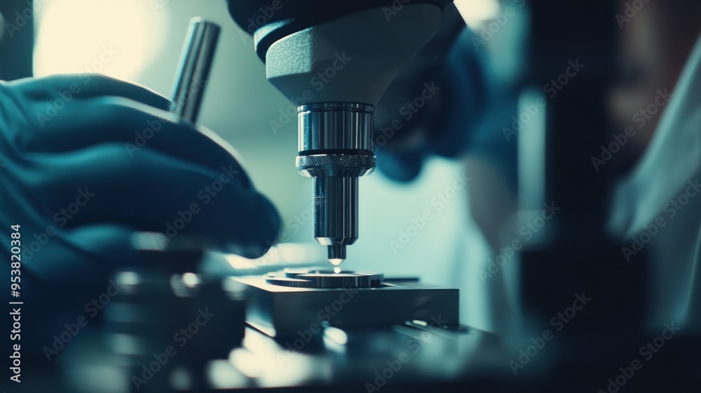 Poster Close-up of a Precision Machine with a Gloved Hand in the Background