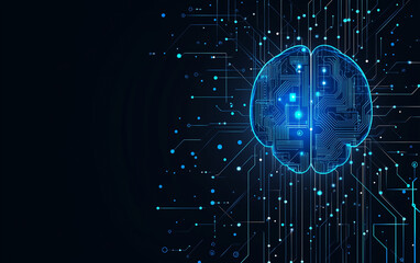 Abstract digital brain with circuit lines and binary code, symbolizing artificial intelligence technology vector illustration on dark blue background.