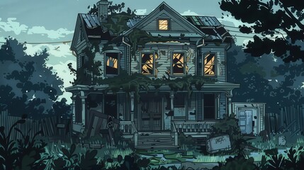 once-lively house now in ruins, with broken windows and a crumbling structure.