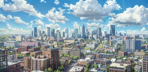 Fototapeta premium panoramic view of a cityscape from a high vantage point, showcasing a sprawling metropolis with a mix of modern and historic buildings.