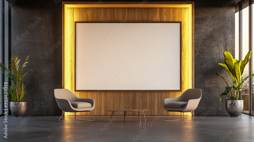 Wall mural A large white screen is on a wall in a room with a wooden paneling