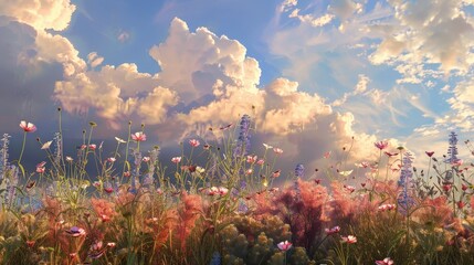 peaceful field of wild flowers swaying gently in the breeze, with a focus on their diverse colors and textures against a serene, cloudy sky