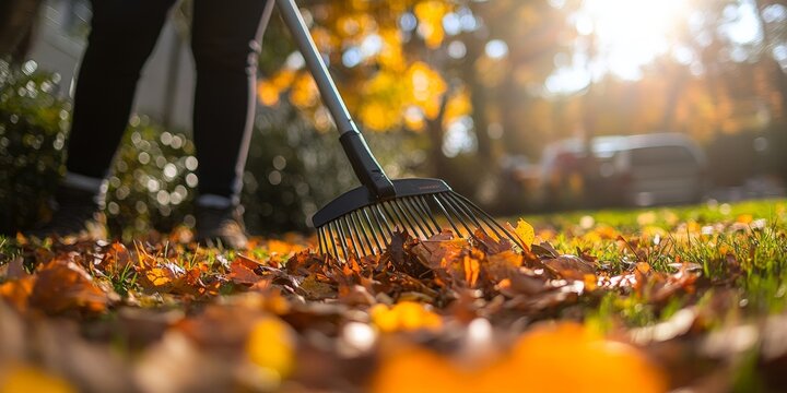 Person Raking Colorful Fallen Leaves in a Sunny Backyard