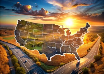 Aerial view of the United States map with a winding road stretching across the country, highlighting major cities