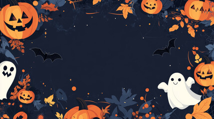 A Halloween themed background with a ghost and pumpkins