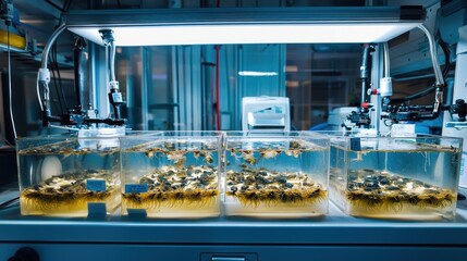 A scientific setup showing zebra mussels in a research tank, with labels and equipment visible.