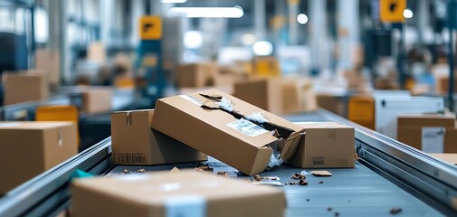 Damaged cardboard boxes on a conveyor belt in a warehouse.