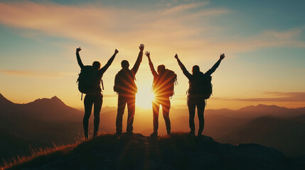Fototapeta premium A group of four hikers standing on the top of the mountain with their arms raised up in the air during the twilight sunset