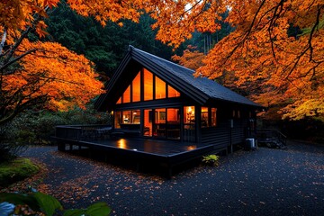 Enchanting Autumn Orange, Cozy, and Rustic Cabin visualized in a warm, inviting cabin surrounded by trees with orange and red leaves, offering the perfect retreat for a cozy autumn evening