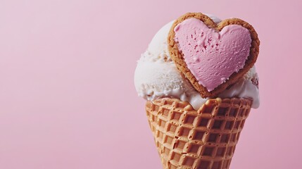 Ice Cream Cone with Heart-Shaped Cookie and Pink Background
