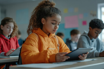 Focused young student using digital tablet during class in school