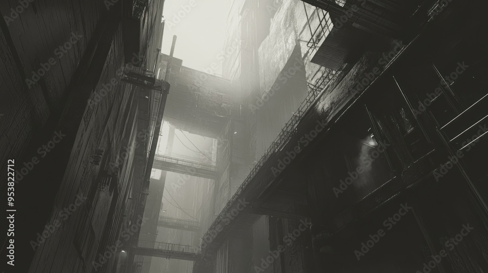 Poster a grungy cityscape with foggy atmosphere and multiple bridges