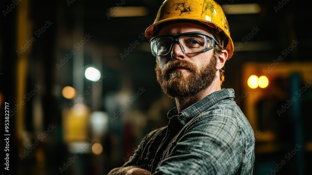 Poster a close-up portrait of a construction worker with a serious expression