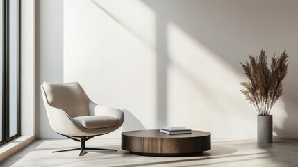 A modern living area with a low coffee table and a single armchair