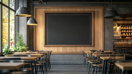 A blackboard is on the wall of a restaurant