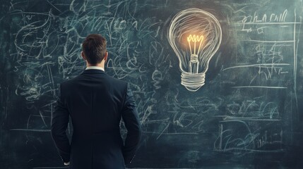 Businessman in Front of a Blackboard with a Lightbulb