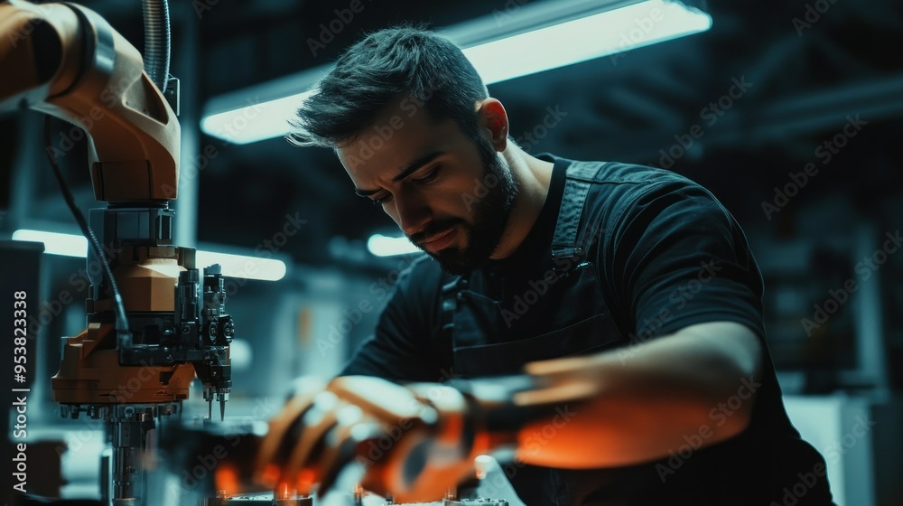 Poster Man Working with an Industrial Robotic Arm in a Factory Setting