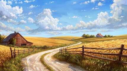 scenic farm road meandering through rolling fields of golden wheat, flanked by picturesque barns and rustic fences.