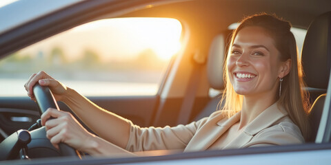 Naklejka premium The woman driving the car is smiling