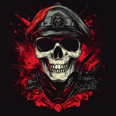 Skull in Military Cap with Red Splatter Background