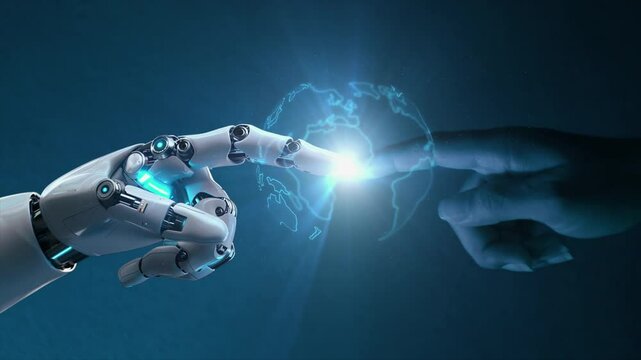 AI, Machine learning, Hands of robot and human touching on big data network connection background, Science and artificial intelligence technology, innovation and futuristic. - Powered by Adobe