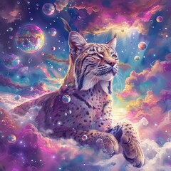 A beautiful illustration of a lynx sitting on a bed of clouds and surrounded by bubbles.