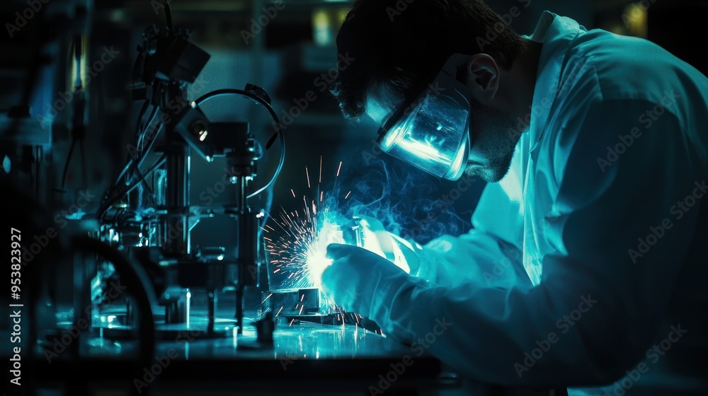Poster a man in a lab coat welding with sparks flying