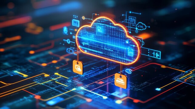 Conceptual representation of cloud computing cost efficiency with a cloud symbol, price tags, and pay-per-use icons in a modern digital design setting