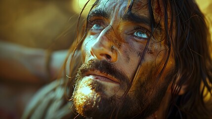 The blind man’s face shows a hopeful expression as Jesus begins to heal him, gently placing His hands on his eyes, a soft, warm light beginning to glow,