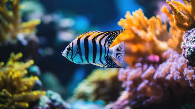 A zebra fish swimming near a coral reef, adding a vibrant touch to the underwater scene.