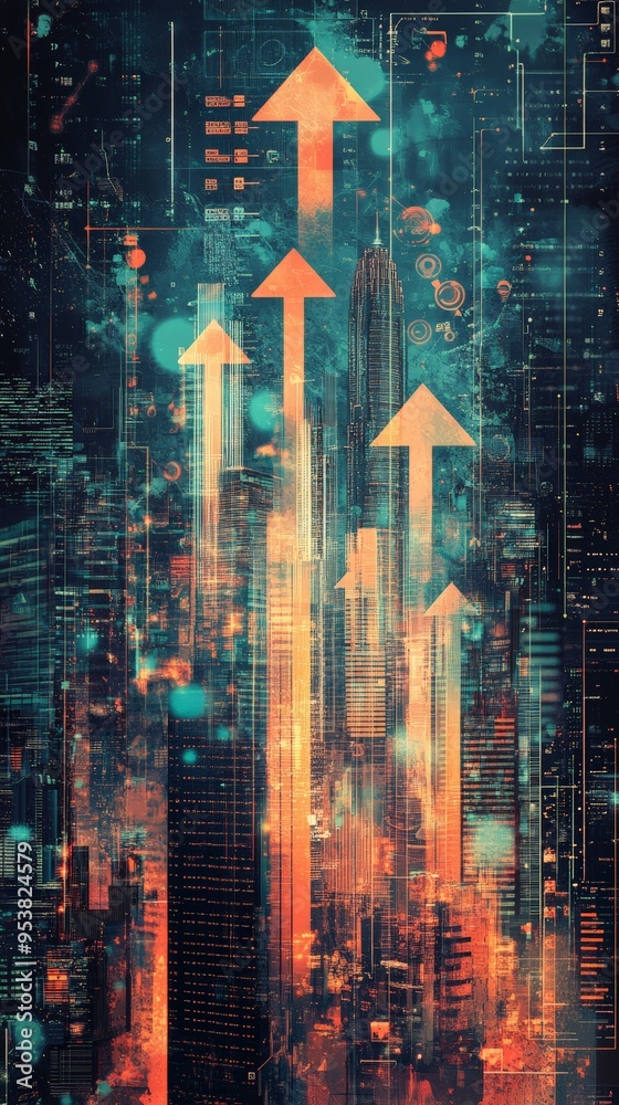 Poster abstract digital illustration of a cityscape with glowing arrows pointing upwards, symbolizing busin