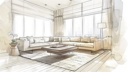 sketch of a sleek living room with a modern sofa, a geometric coffee table, and a neutral rug.