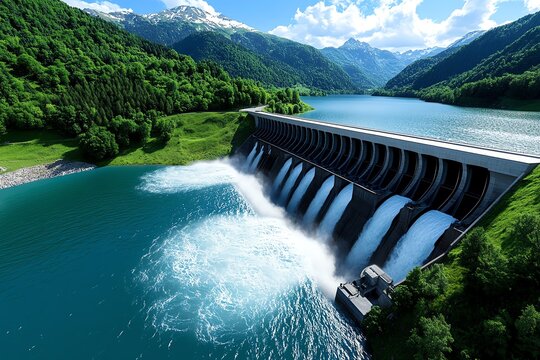 Energy Illustration Hydroelectric, Dams, and Sustainability shown in a river where hydroelectric dams capture the flow, generating power while preserving the surrounding environment