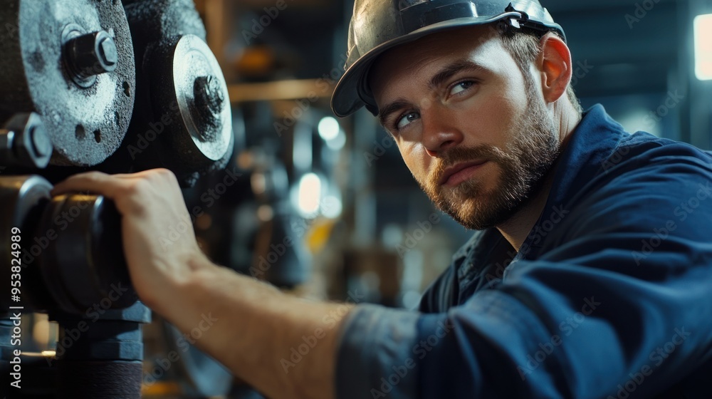 Poster a focused industrial worker adjusting a machine in a factory