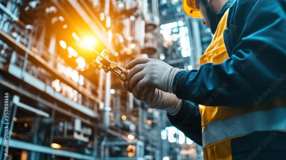 Poster industrial worker inspecting a valve in a factory setting