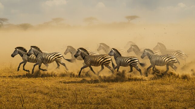 A herd of zebras running across the savannah, with dust rising and their stripes blending with the landscape.