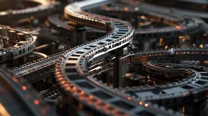 Fototapeta premium Close-up of a Complex Industrial Conveyor System with Glowing Lights