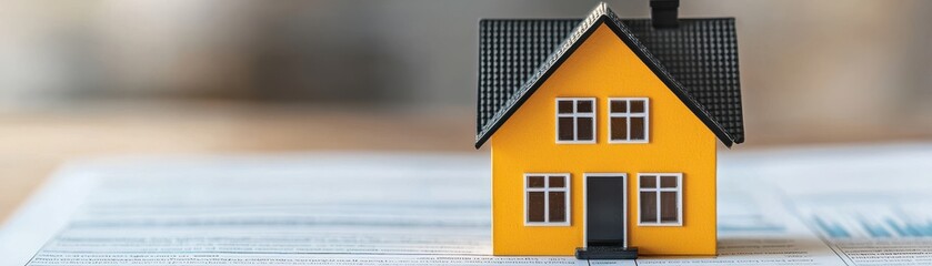 A vibrant yellow house model on paperwork, symbolizing real estate, investment opportunities, and home ownership concepts.