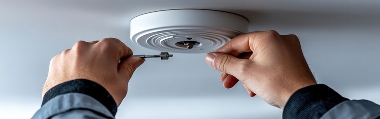 Obraz premium Man Carefully Installing a Smoke Detector in a Room