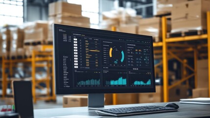Computer Monitor Displaying Data Analytics in a Warehouse Setting