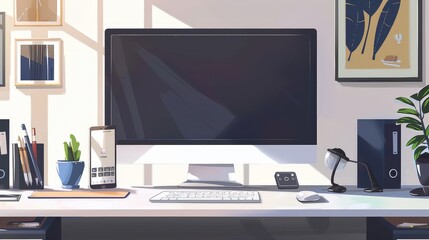 stylish office workspace with a computer setup including a large monitor and a sleek keyboard