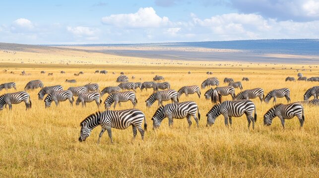A large herd of zebras grazing on the plains, with a mix of adult zebras and young calves.